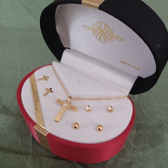 Geniune Gold and Austrian Crystal Cross necklace and 3 pairs of earrings set NWT